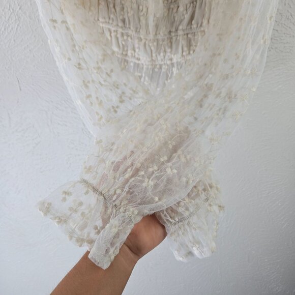 Sheer Off Shoulder Blouse M White Smocked Bell Sleeve Coquette Fairy Boho Top - Picture 6 of 11